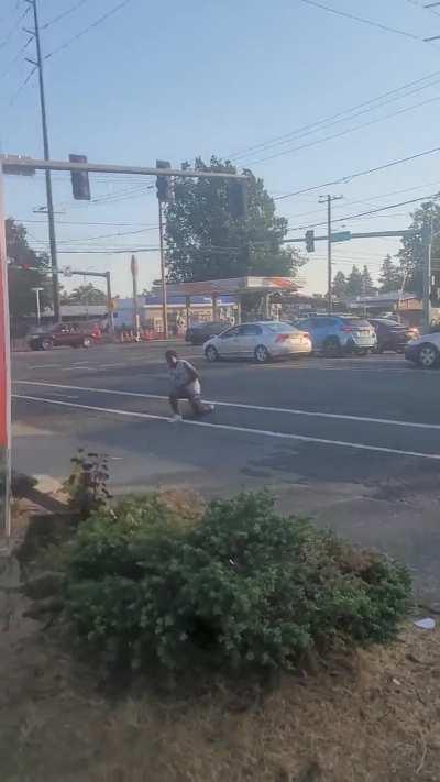 Dude throws a stick, and runs into traffic.