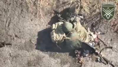 Russian soldier gets wounded by drone dropped grenade, then cut in half by FPV kamikaze. Ukrainian 68th jaeger brigade, Pokrovsky direction