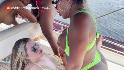 Hot orgy with me and my blond friend in one speedboat with two hot trans and one BBC.