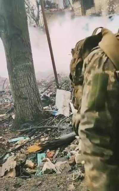 Ukrainian soldiers POV fighting in the suburb of Bakhmut. 2022