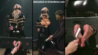 Tickling oiled soles with latex and ropes