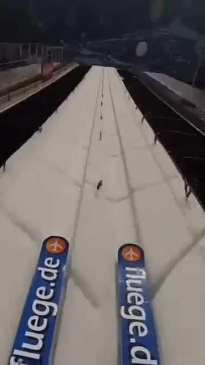 First person perspective of landing on the world's biggest ski jump