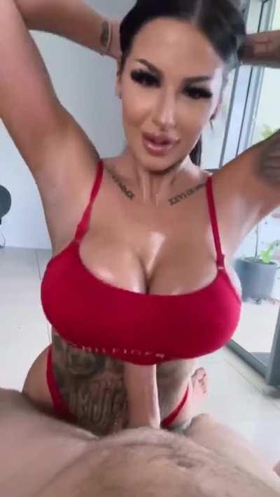 Big oiled tits and bimbo lips 