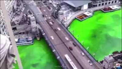 Chicago river being dyed green for Saint paddy’s day! Happy Saint paddy’s day yall