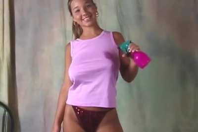 Christina Model - Wet purple tank top and sequin thong 