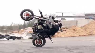 Legendary stuntrider Arttu Stenberg performing some of his daredevil Supermoto stunts