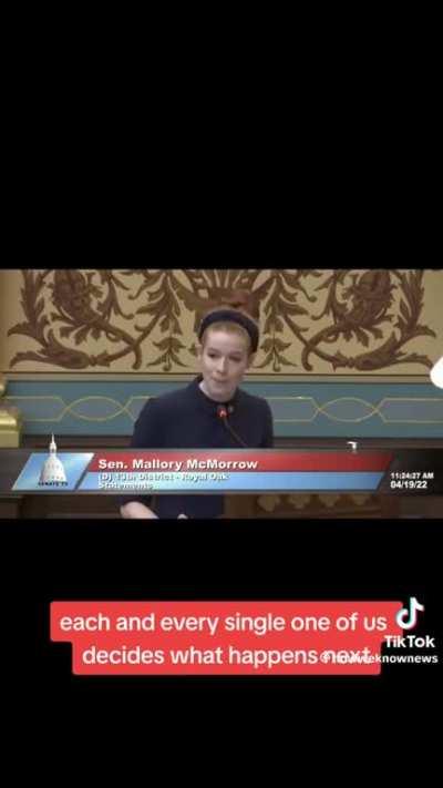 Michigan Senator Mallory Morrow gives a powerful speech on hatred after her Republican opponent accuses her of grooming because she denounces mistreating the LQBTQ community.