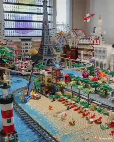 An impressive lego city inside a room