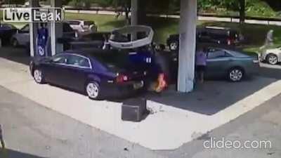 Gas Station Mayhem, as dude evades death, then saves incapacitated motorist from burning car.