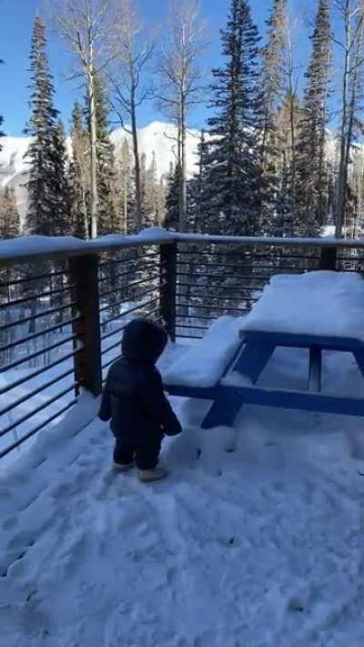 My daughter’s first day in a snow suit looking like a GTA glitch