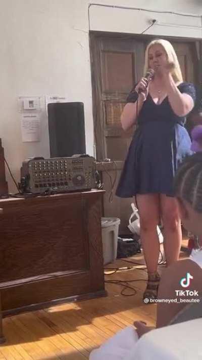 White lady gives super cringe racist speech at her friend’s wedding.