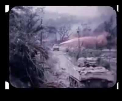 Battle of Okinawa US marine flamethrower tanks attack suspected japanese positions.