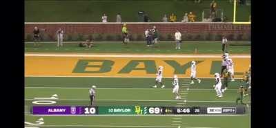 Baylor kicker Bryce Boland misses extra point to keep the score vs. Albany at 69