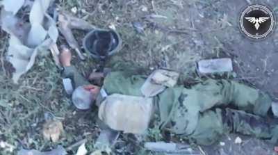 Russian soldiers around a wounded comrade freeze up after hearing a drone, moments later the FPV drone hits near one of the soldiers causing fatal injuries. Video by the Strike Drone Company (47 OMBr).