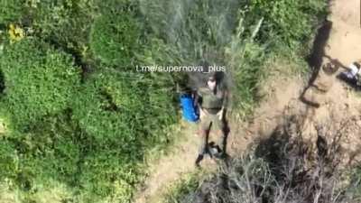 Ukrainian drone dropped munition paralyzes and kills sitting Russian soldier (pretty nsfw)