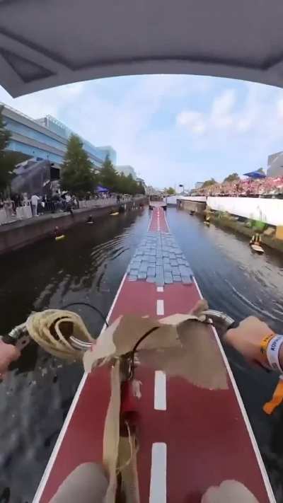 Red Bull Stalen Ros. Event in the Netherlands where people on tandem bikes attempt to cross the water on a narrow technical bridge