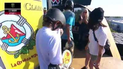 Gui Khury, 12 years old, lands the world's first 1080 in competition at the X Games in front of Tony Hawk