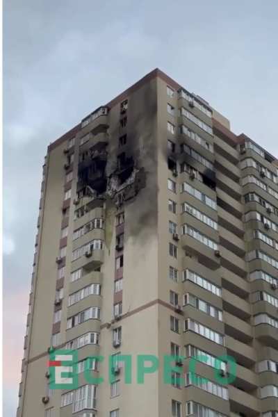 Apartment building damaged by a Russian drone in Kyiv. Reported about one 15 year old girl died and 5 people injured