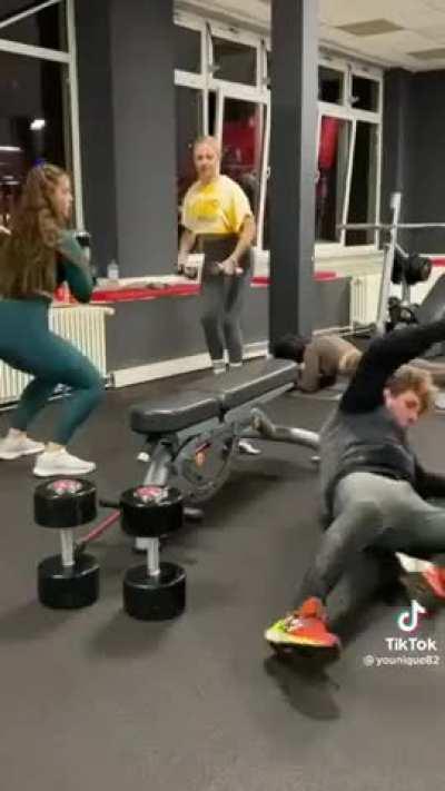 Disrupts people working out and nearly breaks his back, all for a TikTok video