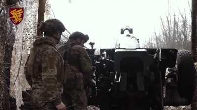 D-30 122mm Howitzer operation from stationary position with camouflage and nets by the 95th Separate Polesian Air Assault Brigade. June 2024