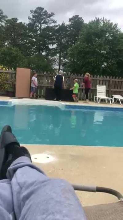 Another angle of granny falling into the pool.