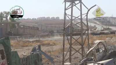 Jaysh al-Thuwar &quot;Hell Cannon&quot; team harasses a Syrian Army checkpoint near the Ramouseh suburb, Aleppo - 2015