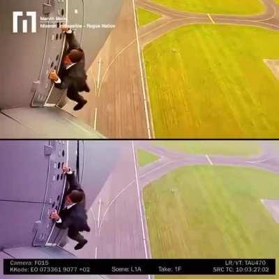 Tom Cruise performed this sequence where he's hanging onto a flying airplane without digital effects or a stunt double. At times the aircraft reached 5,000 feet in the air.