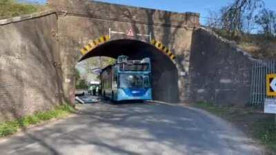 Roof of bus ripped off by low bridge in Sussex, UK, earlier today (27 April 2021)