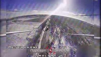 A Ukrainian FPV drone overtook a fast driving Russian truck and hit it 