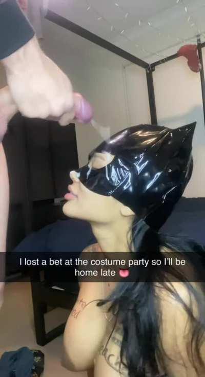 Your sister lost a bet in the costume party, and she was dressed as catwoman. She only needed the milk