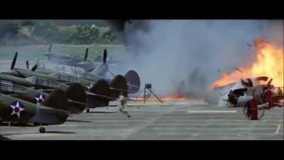 In the 1970 film Tora Tora Tora you can see the stunt actors actually running for their lives as one of the exploding plane steers out of control towards them.