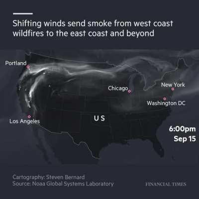 [OC] Animation showing how the smoke from the west coast fires in the US is being blown across the country