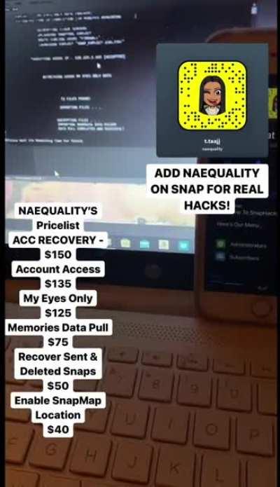 Contact @naequality on snap to order account hacks like account access, account recovery, my eyes only &amp;amp; more! All available For socials like iG, Snap, FB , Twitter , &amp;amp; TikTok. Telegram Group Link In Comments Below 👇