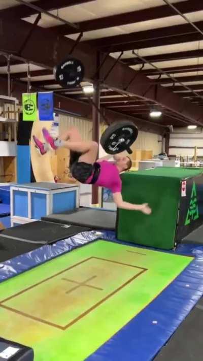 barbell on trampoline