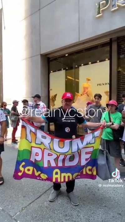 Trump supporter with Trump pride flag freakout 