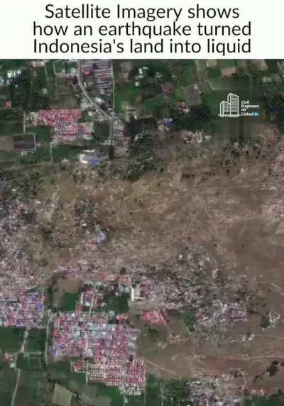 This happened on Sept. 28, 2018 in Indonesia when sand, saturated in water, was shaken by an earthquake and turned into a liquid state.