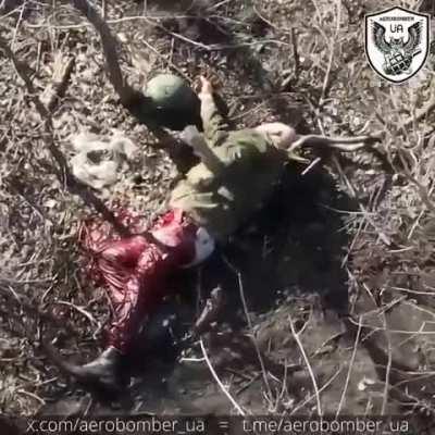 Russian soldier slowly bleeds out after being wounded by a drone.