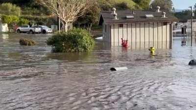 Flooding is occurring in Santa Cruz, California, due to tsunami from Tonga volcanic eruption.