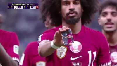 Qatar's Akram Afif performs card magic trick after scoring a penalty in the 2023 AFC Asian Cup Final