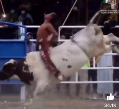 May be the coolest bull rider of all time but the announcer puts it over the top!