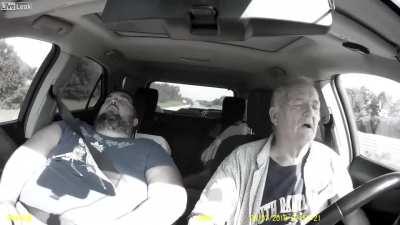 Elderly man almost crashes the car after falling asleep and blames another driver.