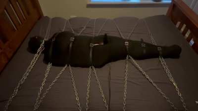 One of the ways precious toys are stored long-term. Chained down thoroughly to the bed, in a bondage sleepsack, hooded and reprogramming voice recordings (in their own voice) played on loop while they are forced to orgasm over and over again.