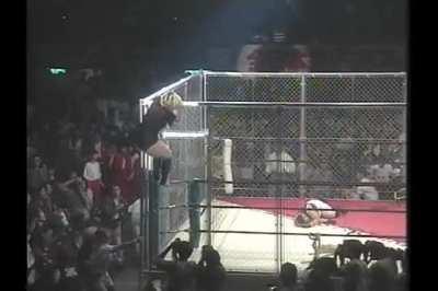 Bull Nakano's epic guillotine legdrop off the top of the cage onto Aja Kong (1990)