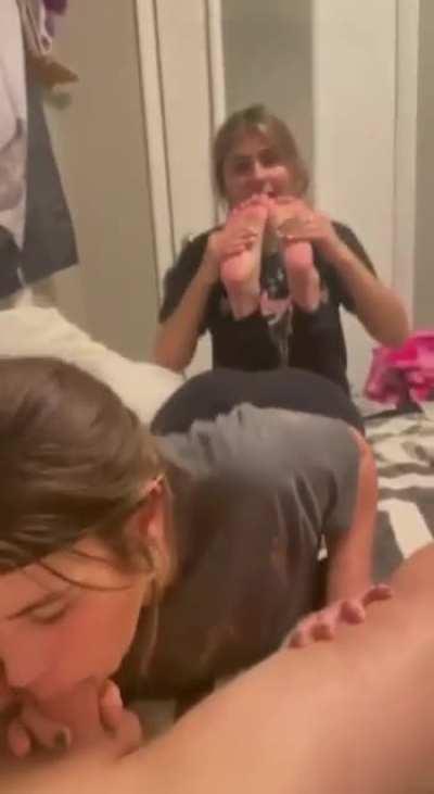 Lesbian feet licking while blowjob