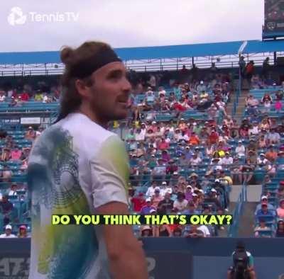 Lady imitating a bee to disturb Stefano Tsitsipas’ serve