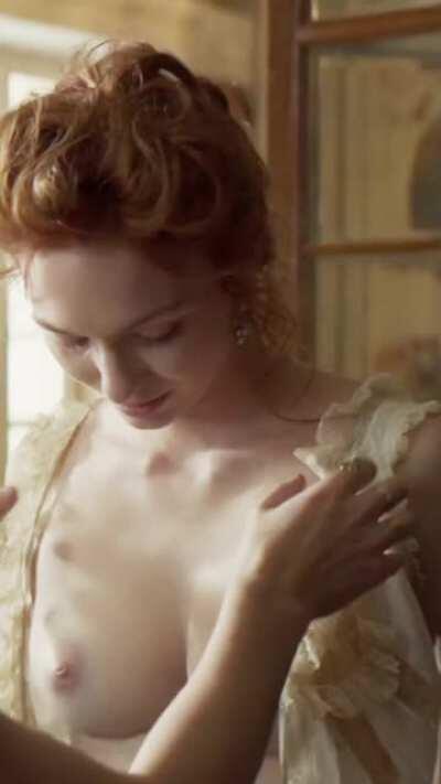 Eleanor Tomlinson topless with a kiss from Keira Knightley.