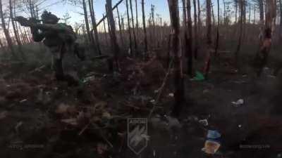 First-person view of assault on Russian position by the 12th Special Purpose Brigade 'Azov' of Ukrainian National Guard in the Serebryansk Forest, Kreminna direction.