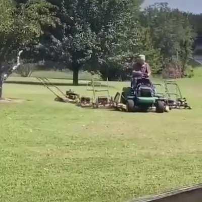 This guy has rigged up a whole army of mowers to keep his lawn looking great