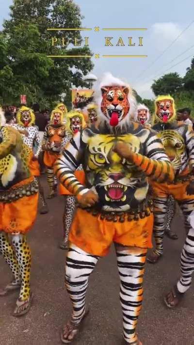 This folk art happens during Onam Festival in Kerala name Puli Kali which means tiger dance, and it is performed by artists who paint themselves as tigers or leopards and dance to the rhythm of drums.