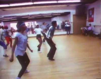 The zombie actors from the “Thriller” music video practicing their iconic choreography without all their prosthetics/makeup - 1983. 